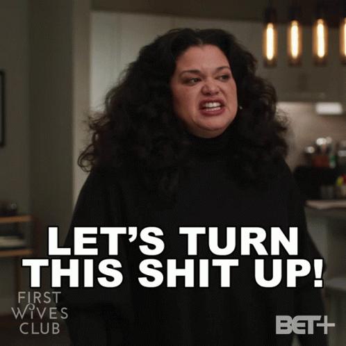 A Picture Of A Woman With The Words Let 'S Turn This Shit Up On It GIF