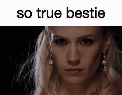 A Picture Of A Woman With The Words " So True Bestie " Above Her GIF