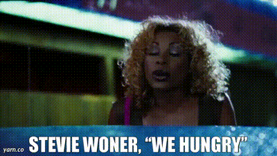 A Picture Of A Woman With The Words Stevie Woner We Hungry On The Bottom GIF