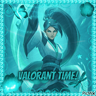 A Picture Of A Woman With The Words " Valorant Time " On The Bottom GIF