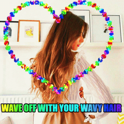 A Picture Of A Woman With The Words Wave Off With Your Wavy Hair Written Below Her GIF