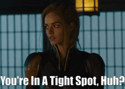 A Picture Of A Woman With The Words " You 'Re In A Tight Spot Huh " Below Her GIF