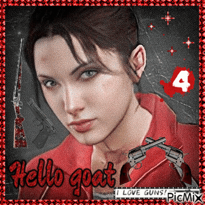 A Picture Of A Woman With Two Guns And The Words Hello Goat I Love Guns GIF