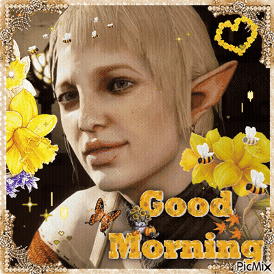 A Picture Of A Woman With Yellow Flowers And The Words " Good Morning " GIF
