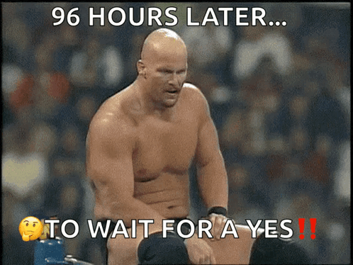 A Picture Of A Wrestler With The Words 96 Hours Later To Wait For A Yes GIF