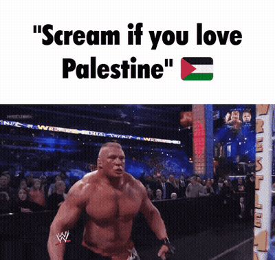 A Picture Of A Wrestler With The Words " Scream If You Love Palestine " Above Him GIF