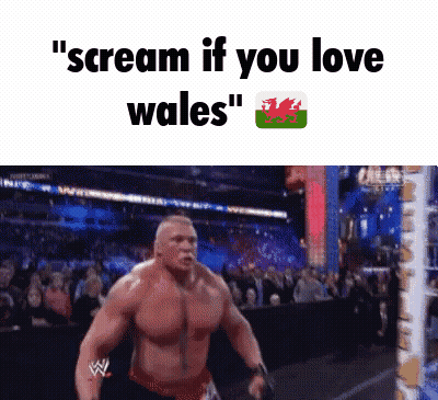 A Picture Of A Wrestler With The Words " Scream If You Love Wales " Below Him GIF