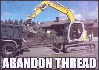 A Picture Of A Yellow Excavator With The Words Abandon Thread Underneath It GIF