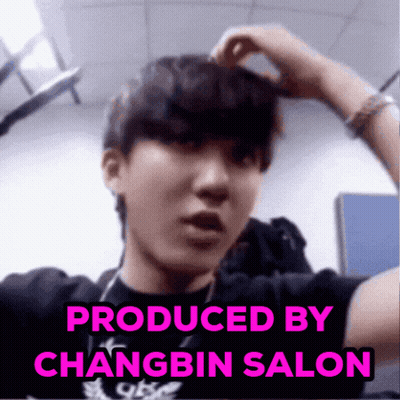 A Picture Of A Young Man With The Words Produced By Changbin Salon On The Bottom GIF