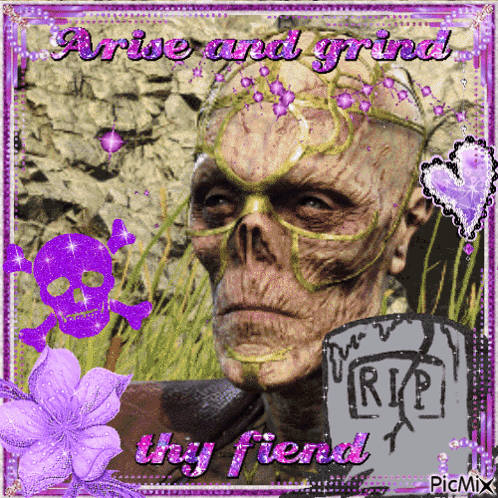 Zombie With Purple Flowers Arrive And Grind GIF