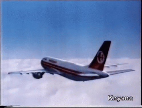 A Picture Of An Airplane Flying In The Sky With The Name Knysna On The Bottom GIF