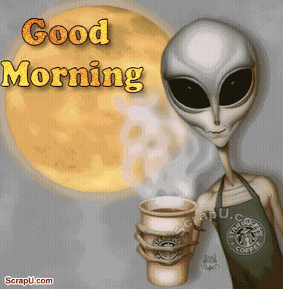 A Picture Of An Alien Holding A Starbucks Coffee Cup GIF