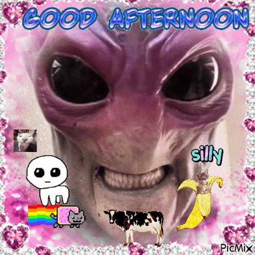 A Picture Of An Alien With The Words Good Afternoon Written On It GIF