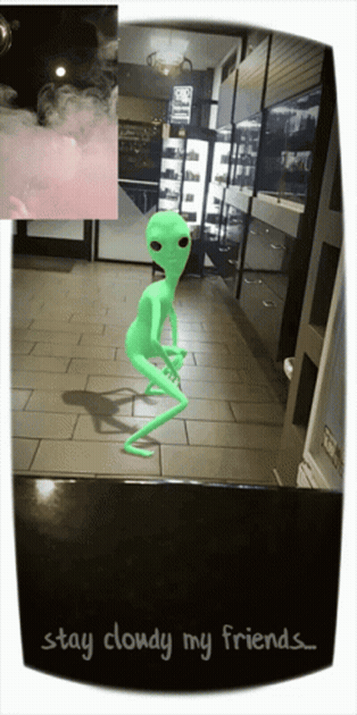 A Picture Of An Alien With The Words Stay Cloudy My Friends GIF
