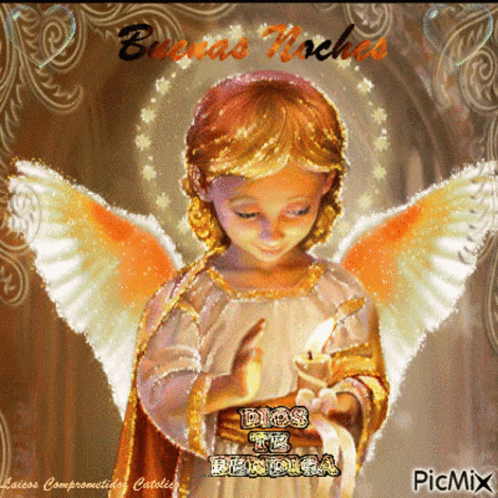A Picture Of An Angel Holding A Candle With The Words Dios Te Bendiga On The Bottom GIF