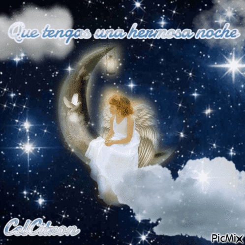 A Picture Of An Angel Sitting On A Crescent Moon With The Words Que Tengas Una Hermosa Noche GIF