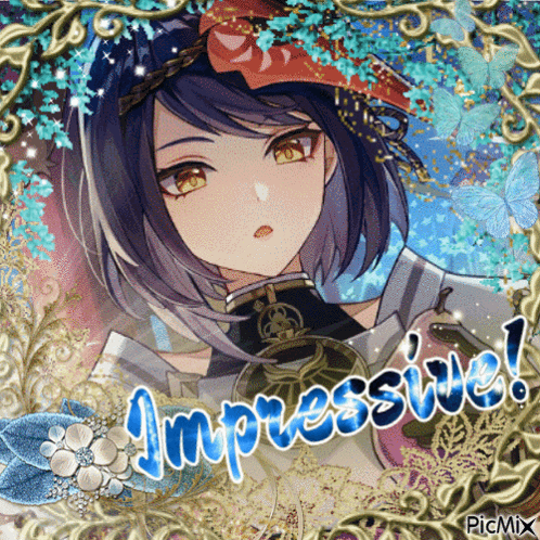 A Picture Of An Anime Girl With The Words Impressive Written In Blue GIF