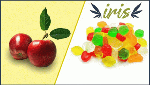 A Picture Of An Apple Next To A Pile Of Gummy Candy GIF
