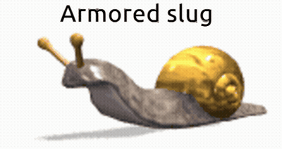 A Picture Of An Armored Slug With A Gold Shell On A White Background GIF