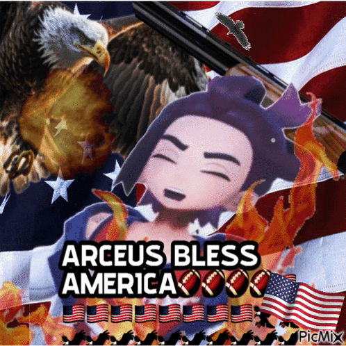 A Picture Of An Eagle And A Girl With The Words " Arceus Bless America " GIF