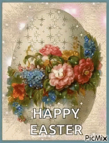 A Picture Of An Easter Egg Decorated With Flowers And The Words " Happy Easter " GIF