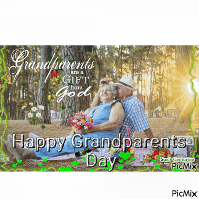 A Picture Of An Elderly Couple Sitting Under A Tree With The Words Grandparents Are A Gift From God GIF