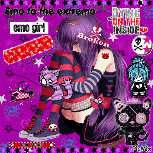 A Picture Of An Emo Girl With Purple Hair And A Cat GIF