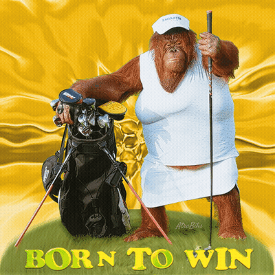A Picture Of An Orangutan Holding A Golf Club And A Golf Bag With The Words Born To Win GIF