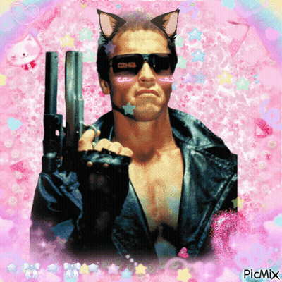 A Picture Of Arnold Schwarzenegger Holding A Gun With A Pink Background GIF