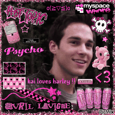 A Picture Of Avril Lavigne Is Surrounded By Pink Graphics GIF