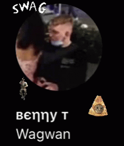 A Picture Of Benny Wagwan With A Slice Of Pizza In The Corner GIF