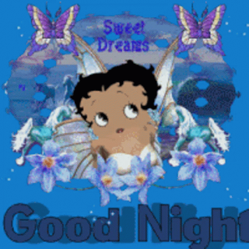 A Picture Of Betty Boop Saying Good Night With Butterflies And Flowers GIF