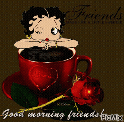 A Picture Of Betty Boop With A Cup Of Coffee And Roses Says Good Morning Friends GIF