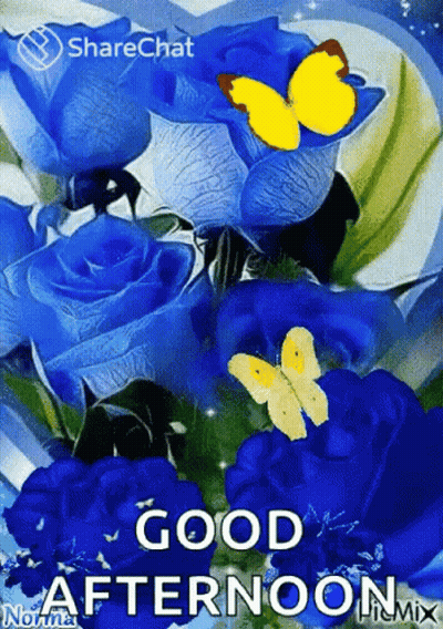 A Picture Of Blue Roses With A Yellow Butterfly And The Words " Good Afternoon " GIF
