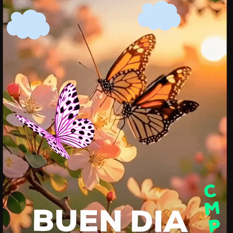 A Picture Of Butterflies With The Words Buen Dia In The Upper Right Corner GIF