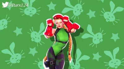 A Picture Of Cammy From Street Fighter Is Surrounded By Rabbits And Stars GIF