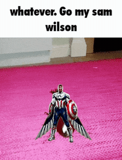 A Picture Of Captain America Holding A Shield On A Pink Rug With The Caption Whatever Go My Sam Wilson GIF