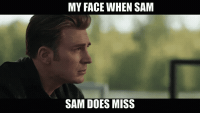 A Picture Of Captain America With A Caption That Says My Face When Sam Sam Does Miss GIF