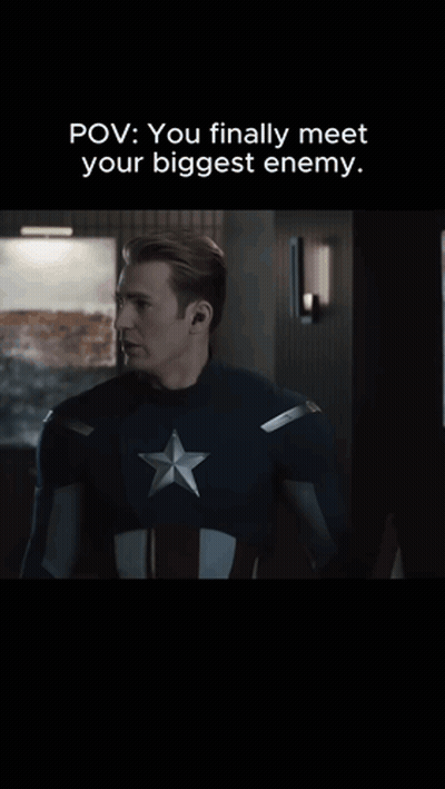 A Picture Of Captain America With The Caption " You Finally Meet Your Biggest Enemy . " GIF