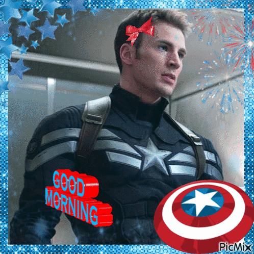 A Picture Of Captain America With The Words Good Morning GIF