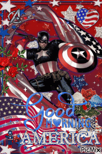 A Picture Of Captain America With The Words " Good Morning America " GIF