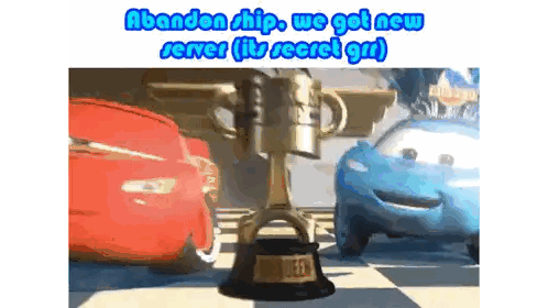 A Picture Of Cars And A Trophy That Says Abandon Ship We Got New Server ( Its Secret Girl ) Sticker