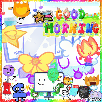 A Picture Of Cartoon Characters With The Words Good Morning Written On It GIF