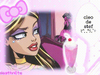 A Picture Of Cleo De Stef With A Pink Bow On Her Head GIF