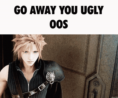 A Picture Of Cloud Strife With The Words Go Away You Ugly Oos Below Him GIF