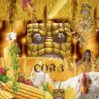 A Picture Of Corn On The Cob With A Chicken And A Woman In The Background GIF