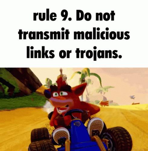 A Picture Of Crash Bandicoot Driving A Car With The Words Rule 9 Do Not Transmit Malicious Links Or Trojans Below It GIF