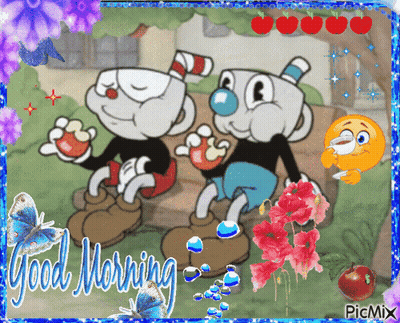 A Picture Of Cuphead And Mickey Mouse With The Words Good Morning On It GIF