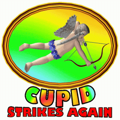 A Picture Of Cupid With The Words Cupid Strikes Again On The Bottom GIF