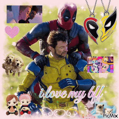 A Picture Of Deadpool Carrying A Man On His Shoulders With The Words " I Love My Bf " Written On The Bottom GIF